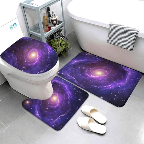 Juego de 3 alfombras de baño con estampado de galaxia morada de microfibra 4