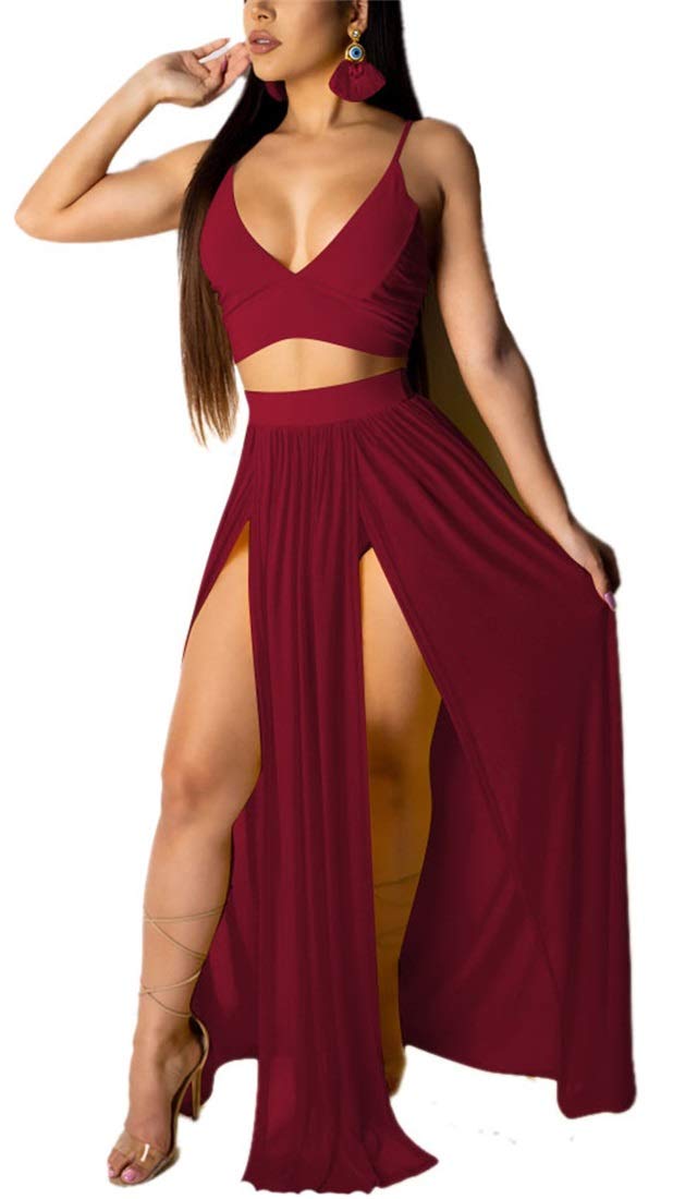 TshineY Women Sexy 2 Piece Outfits Dress Chiffon Strap Deep V Neck Bra Crop Top High Split Maxi Dresses Skirt Set
