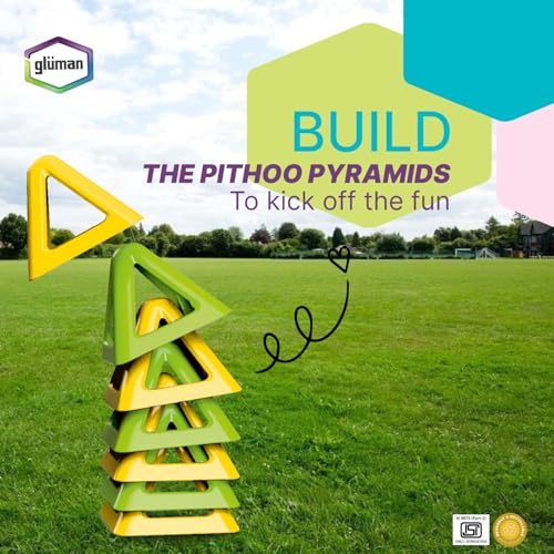 Image of Gluman Pitthu Game | Pithoo Stacking Set | Lagori | Triangle Pyramid with Soft Ball | Fun Indoor Outdoor Seven Stones Game with Disney Sipper | Ages 6 and Above | Waterproof (Green & Yellow)