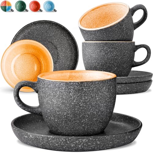 Cosumy Set de 4 Tazas de Capuchino - 200ml en Cerámica con Platillos – Juego de Café Moderno - Gres Grueso con Esmalte...