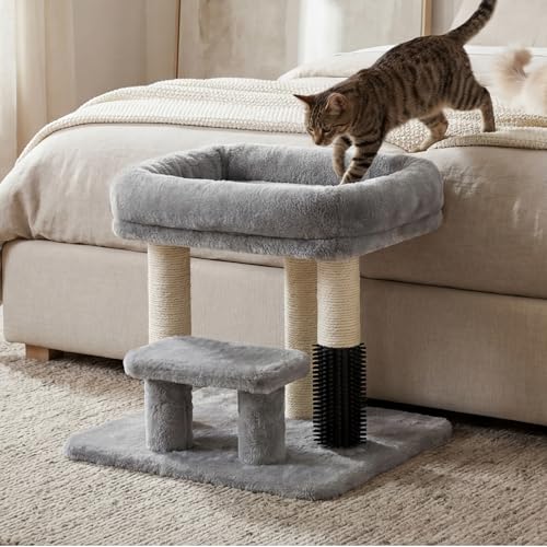 Image of Heybly Cat Scratching Post with Grooming Brush & Gentle Step, HSP001SW | Small Cat Tree with 4 Full Sisal Posts, Removable Plush Bed, Stable & Space-Saving Cat Furniture for Indoor Cats, Light Gray