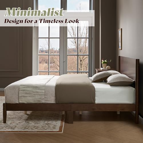 Image of AMERLIFE Solid Wood Queen Bed Frame, Mid Century Modern Platform Bed with Full Panel Headboard, Wooden Bed with Cylindrical Legs, No Box Spring Needed & Noise-Free, Under-Bed Storage, Dark Walnut