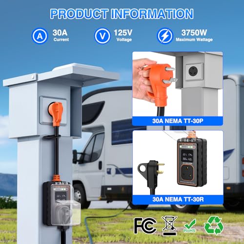 Image of Nilight 30 Amp RV Surge Protector 6600 Joules Circuit Analyzer | with LED Real-Time Display KWH Voltage Current 30Amp Power Protectors IP66 Waterproof Cover for RVs Camper Travel Trailer