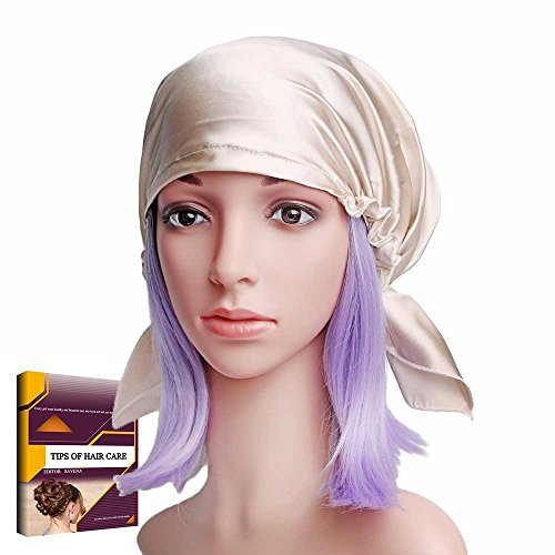 Savena 100% Mulberry Silk Night Sleeping Cap X-Large Size for Thick and Long Hair Bonnet Hat Smooth Soft Many Colors (Beige)