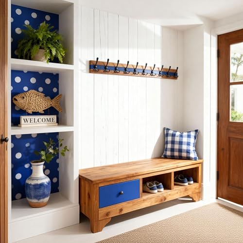 Image of SKOLOO Rustic Coat Rack Wall Mount- 38-1 /8 inch Long Coat Hooks for Wall with 10 Triple Hooks for Hanging Coats, Hats or Tools, Western National Parks Collection, Wood Brown & Blue, Pack of 2