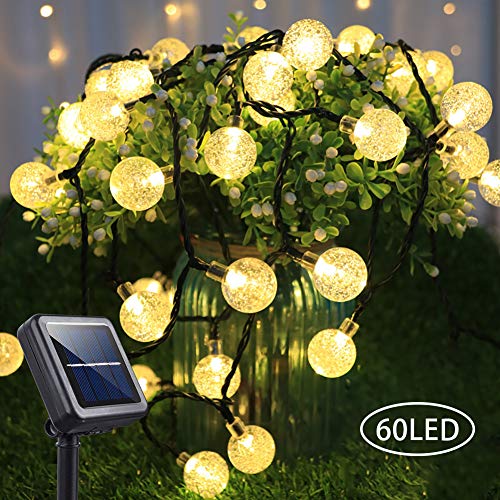 NEWYANG Solar Bola de Cristal Luz, 35Ft 60LEDs Guirnaldas Luces Exterior Solares, 8 Modos Impermeable Cadena de luces Solar Exterior para Jardín, Boda, Fiesta, Árbol de Navidad (Blanco Cálido)