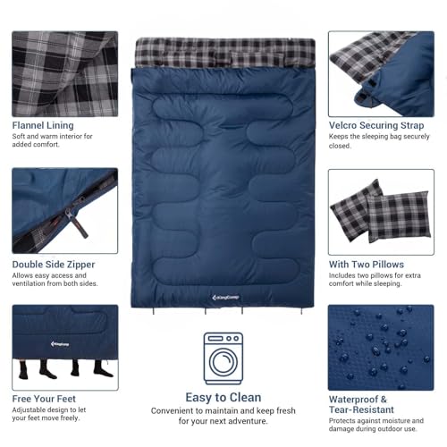 Image of KingCamp Double Sleeping Bag for Adults, Queen Size 2 Person XXL Flannel Sleeping Bag, Waterproof Lightweight Flannel Quilt with 2 Pillows, Perfect for Couples Family Camping Hiking
