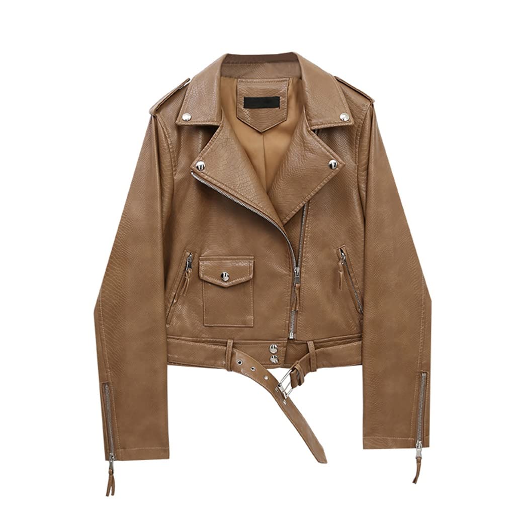 n/a Women Faux Leather Jacket Spring Casual Female Pu Coat Adjustable Waist Autumn  Motobiker  Outwear (Color : Brown, Size : M code)