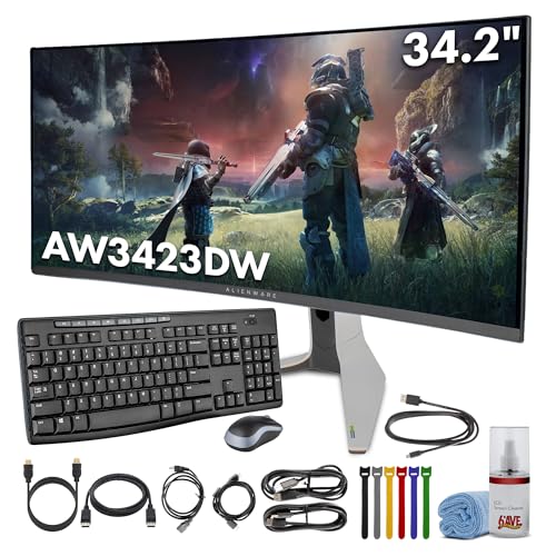Image of Alienware AW3423DW 34 Inch Curved PC Gaming Monitor, 3440 x 1440p Resolution, 1800R Curvature, Quantum Dot OLED 175Hz, True 1ms GTG, 1,000,000:1 Contrast Ratio - Lunar Light Bundle