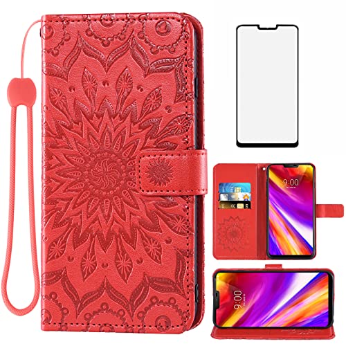 Phone Case for LG G7 ThinQ Wallet with Tempered Glass Screen Protector and Leather Flip Cover Card Holder Stand Cell LGG7 One G 7 Plus LG7 Fit LG7ThinQ 7G Thin Q G7+ G7thinq LGG7thinq Women Men Red