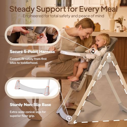 Image of Tinyiota 4 in 1 High Chairs for Babies and Toddlers with Wheels, 8-Height Adjustable & 3-Position Recline, Easy Clean, Dishwasher Removable Tray, Foldable HighChair for Infant, Meets ASTM Safety, Grey