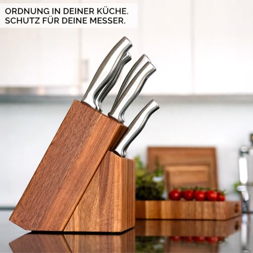 WALDLAND Premium Messerblock ohne Messer – Messerblock aus robustem Akazienholz I 15 Schlitze für Messer, Wetzstahl, Schere I Messerhalter I Holzblock (Akazienholz Braun)