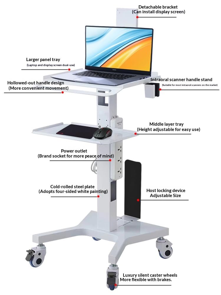 Carrello per postazione di lavoro per laptop medico con ruote, carrello da laboratorio regolabile in altezza con supporto per scanner, robusta scrivania per computer portatile per cliniche dentali