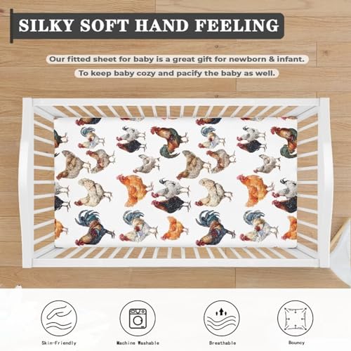 Image of Vintage Rooster Fitted Crib Sheet for Baby Girls Boys Bed Sheet Set Toddler Mattress Sheets for Standard Crib 28 inch x 52 inch, White