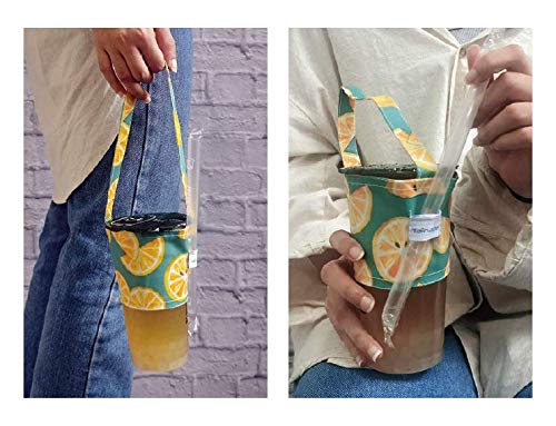 Image of Portable Coffee & Boba Cup Holder w /Straw Loop (Lime Slice Turquoise) | Tainada Eco Friendly Foldable Hot & Cold Drink Holder for Beverage Take Out; Ideal for Walking & Shopping; 1 Coaster Included