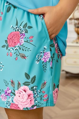 Image of Vozanet Women's Short Sleeve Top and Shorts Pajama Sets Plus Size V Neck Colorful Flower Nighty Loungewear With TWO Pockets