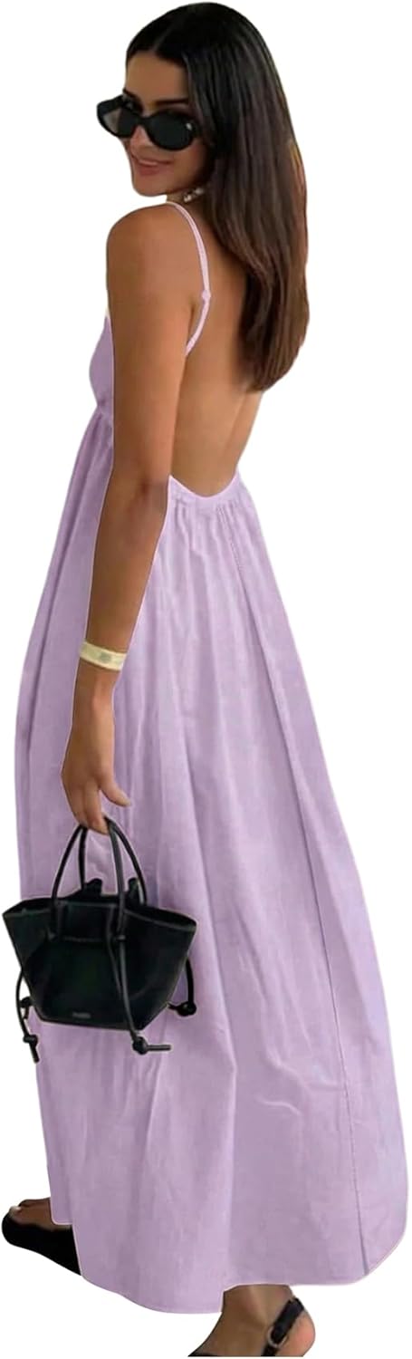SOLY HUX Women's Summer Dress Backless V Neck Spaghetti Strap Loose Flowy Midi Cami Dresses