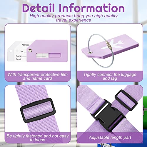 Image of Weewooday 8 Pcs Luggage Straps Suitcase Tags Set for TSA Approved, 4 Travel Adjustable Suitcase Belt, 4 Silicone Luggage Tags with Name ID Card Travel Accessories(Light Purple,Airplane)