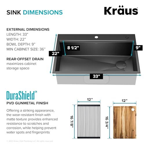KRAUS Kore Workstation 33-inch Top Mount Drop-In 16 Gauge Black Stainless Steel Single Bowl Kitchen Sink in PVD Gunmetal Finish with Accessories, KWT310-33/PGM by Kraus - Image 6