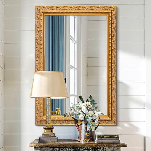 Image of 37 inchx25.2 inch Vintage Gold Decorative Wall Mirror, Bathroom Mirror for Wall, Bedroom /Entryway /Side Cabinet, Solid Wood Frame Decor with Foil Embossed Design