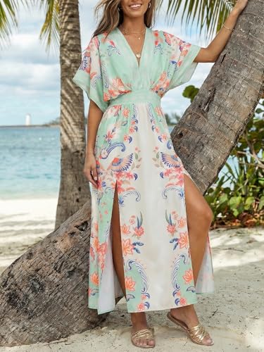 Image of CUPSHE Womens Tropical Floral Maxi Dress V Neck Short Sleeve Smocked Side Slit Dress Summer Vacation Beach Pocket Long Dress