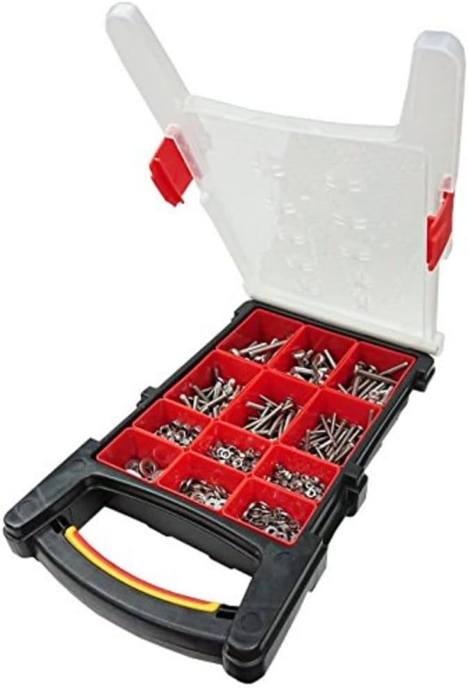 Bulk Hardware BH06616 Assortment of Stainless Steel Machine Screws, Hex Nuts & Flat Washers in a 12 Compartment Carry Case.