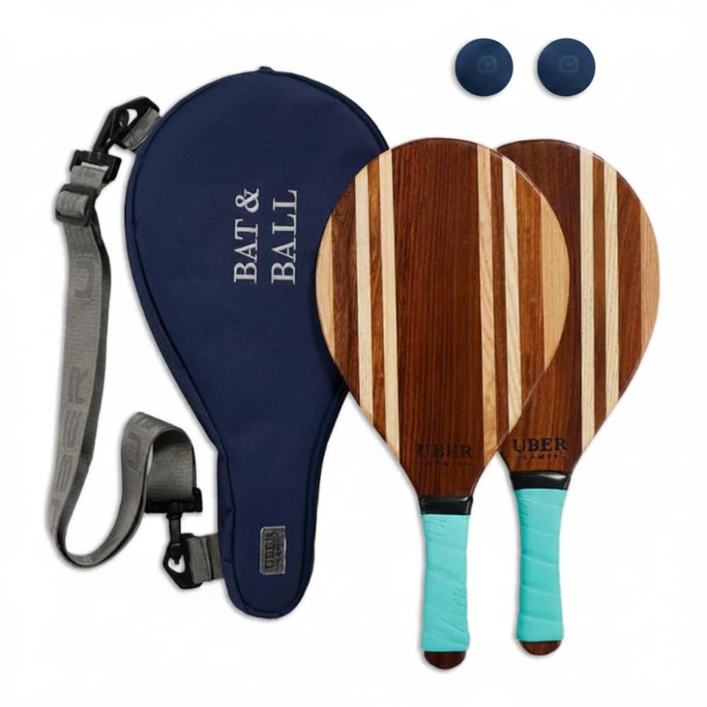 Ubergames - Set Frescobol in legno, racchetta da tennis da spiaggia con 2 bacchette e borsa in tela, gioco da spiaggia per adulti e bambini