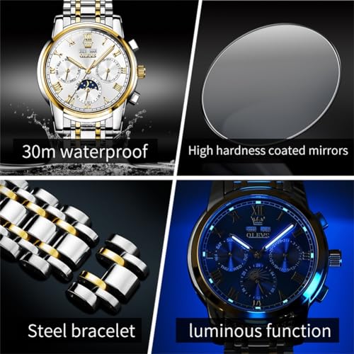Image of OLEVS Mens Automatic Watch Mechanical Self Winding Luxury Business Dress Moon Phase Stainless Steel Calendar Wrist Watches for Men Waterproof Luminous