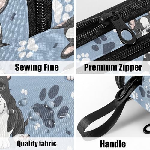 Image of Fustylead Cute Cartoon French Bulldog and Paw Print Large Pencil Bag Storage Pen Case Makeup Pouch Stationery Bag for School College Office Organizer