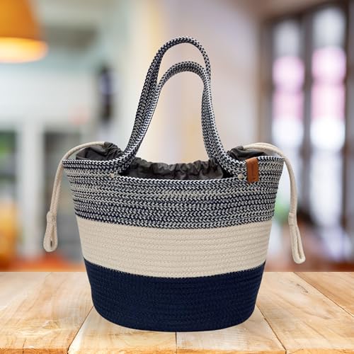 Image of SAPROSE Polypropylene Tote Tiffin Basket With Cover Carry Bag, Storage Basket, Picnic /Tiffin, Lunch Bag, Handbag for Lunch Box and Water Bottle, (29 x 18 x 28 cm) (Persian Blue)