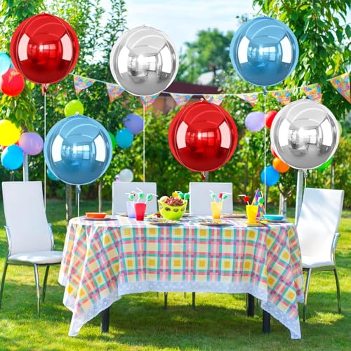 Image of Red Blue Silver Round Foil Balloons Birthday Prom Decor 22 Inch 6 Pcs | Metallic 4D Helium Ball Balloons for Graduation 4th of July, Independence Day USA Patriotic Party Decoration