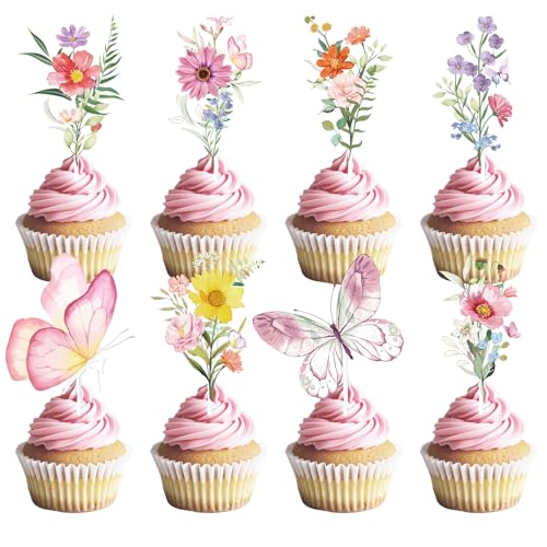 Deorfuy Wildflower Birthday Party Decorations - 40PCS Butterfly and Flower Baby Shower Cupcake Toppers Floral Baby in Bloom Cupcake Picks Decoration for Girls Women
