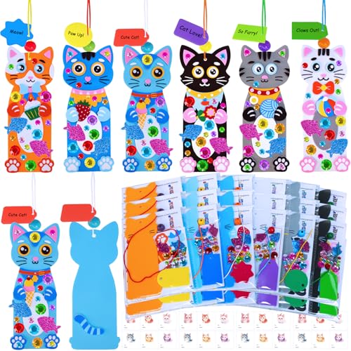 Winlyn 24 Sets Cat Decorations DIY Cat Bookmarks Kids Craft Kits Blank Foam Bookmarks with Kitten Stickers for Kids Pet-Themed Camp Classroom Activities Reading Rewards Party Favors Gift Exchange
