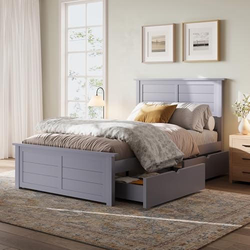 AMERLIFE Twin Bed Frame with Headboard, Platform Bed with 4 Storage Drawers, Wood Bed Frame for Bedroom, Wood Slats Support, Grey