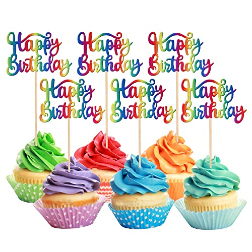 SYKYCTCY 36 Pack Happy Birthday Cupcake Toppers Glitter Celebrating Birthday Cupcake Picks Baby Shower Kids Anniversary Party Cake Decorations Supplies Multicolor