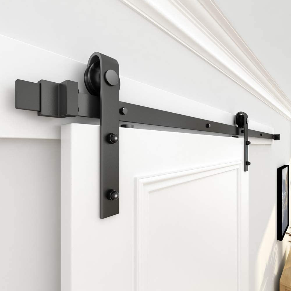 Kit de portes coulissantes pour portes intérieures : rail de porte coulissante pour porte simple – Kit de portes coulissantes noires lisses et silencieuses pour chambre/salle de bain (rail uniquement)