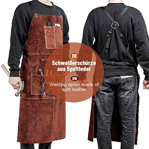 Yorbay Leather Welding Apron with 5 Pockets, Heat-resistant, Flame-retardant Heavy Duty Tools Shop Work Apron, Adjustable Protective Clothing, Brown
