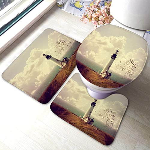 Badezimmerteppich-Set, 3-teilig, Meereslandschaft, Leuchtturm und Möwe am Meer, bewölkter Himmel, waschbare Badeteppiche, rutschfest, mit Rückenpolster, Konturteppich und Toilettendeckelbezug