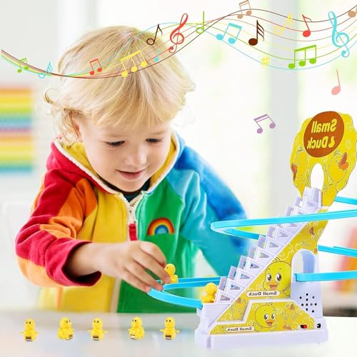 JUXINE Elektrische Ente Treppensteigen Spielzeug - 12 Stück Achterbahn Musik Montessori Baby Spielzeug, Track Slide Stairs Coaster für Kleinkinder