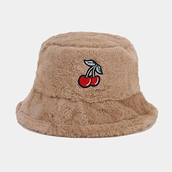 Faux Fur Bucket Hat for Women Men, Cute Fuzzy Cherry Grunge Y2K Fleece Bucket Hat Women's Hats Caps Fur Bucket Hat
