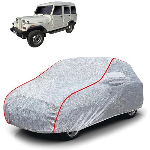 Image of Sulfar 100% Waterproof Car Body Cover Compatible with Mirror for Mahindra Marshal (Triple Stitched, Full Bottom Elastic, Magic Silver with Red Piping)