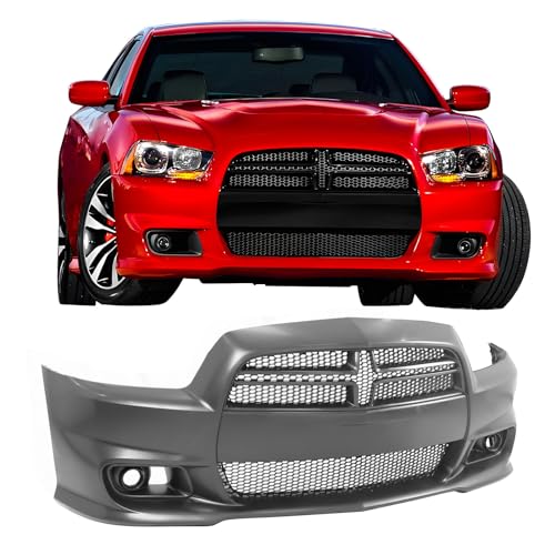 IKON MOTORSPORTS, Front Bumper Cover Compatible With 2011-2014 Dodge Charger, PP SRT8 Style Front Bumper Conversion Kit + Foglight Covers + Upper & Lower Grilles Without ACC Adaptive Cruise Control