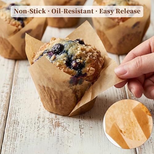 Image of KORCCI 200pcs Tulip Cupcake Liners,Greaseproof & Sturdy Muffin Liners, Unbleached Parchment Baking Cups, Easy Release Natural Cupcake Wrappers for Baking, Party, Wedding & Christmas
