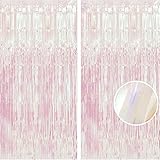 BRAVESHINE Party Decorations Iridescent Foil Fringe Backdrops - 2 Pack 3.2 x 6.5 ft Holographic Tinsel Photo Booths Pros Streamer Curtains for Easter Girl Birthdays Engagement Unicorn Parties - Clear