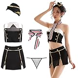 [Diki Home] コスプレ CA パイロット制服 航空警官服 警察官 婦警 警備員 パイロット セクシー ランジェリー 過激 かわいい 可愛い 婦人警官 制服 衣装 5点セット パーティー 仮装 誘惑 ミニスカート 萌え レディース 大人用 女性 ハロウィン 撮影会 (5点セット(帽子＋トップス＋スカート＋Tバック＋襟結び))