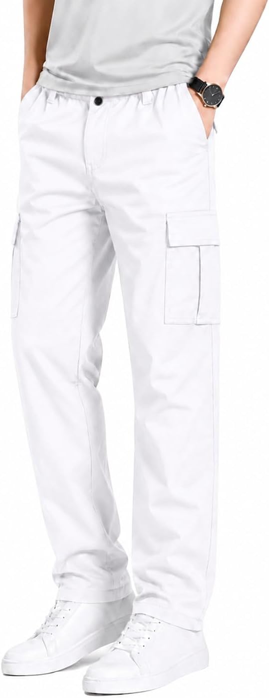 HUNGSON Men's Relaxed Cargo Pants Straight Leg Elastic Waist Work Pants | Mens relaxed cargo jogger style pants straight leg elastic waist 6 pockets