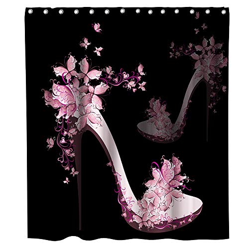 Fashion Lady Shower Curtain Pink Floral High Heeled Shoes Print Cloth Fabric Bathroom Decor Sets with Hooks Washable 72 x 72 inches Black