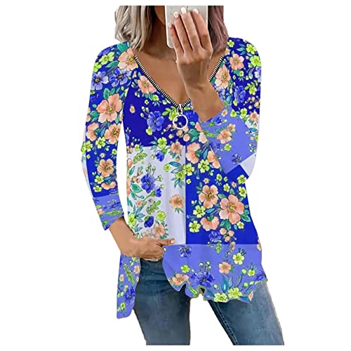 Summer Tops For Women Floral Print Tees Fall Clothes Long Sleeve Zip-Up V Neck Tunic T-Shirts Blouses Loose Fit Floral V Neck Blouses Shirts #TOP8
