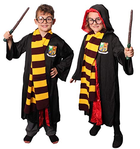 WIZARD FANCY DRESS COSTUME SET FOR KIDS. BLACK WIZARD CLOAK + ROUND, BLACK FRAMED GLASSES + BRANCH WAND + SCARF. WORLD BOOK DAY CHARACTER OUTFIT FOR GIRLS & BOYS. SIZE: LARGE