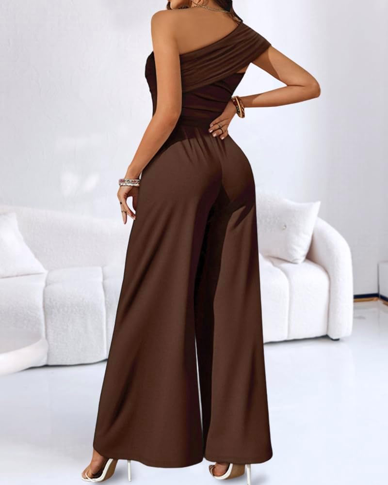 CHICME Women's Jumpsuit Dressy One Shoulder Buckle Decor Ruched Wide Leg Jumpsuits Elegant Party Overall - Image 2